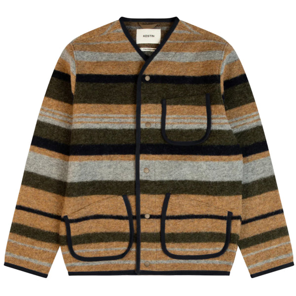 KESTIN Neist Cardigan In Tan Olive Navy Stripe Italian Wool