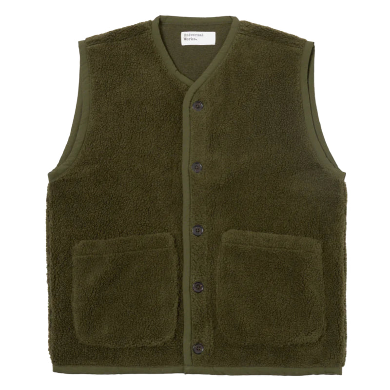 UNIVERSAL WORKS Lancaster Gilet in Olive Mountain Fleece