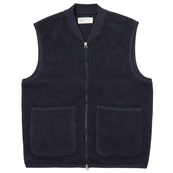 UNIVERSAL WORKS Zip Wool Waistcoat Navy