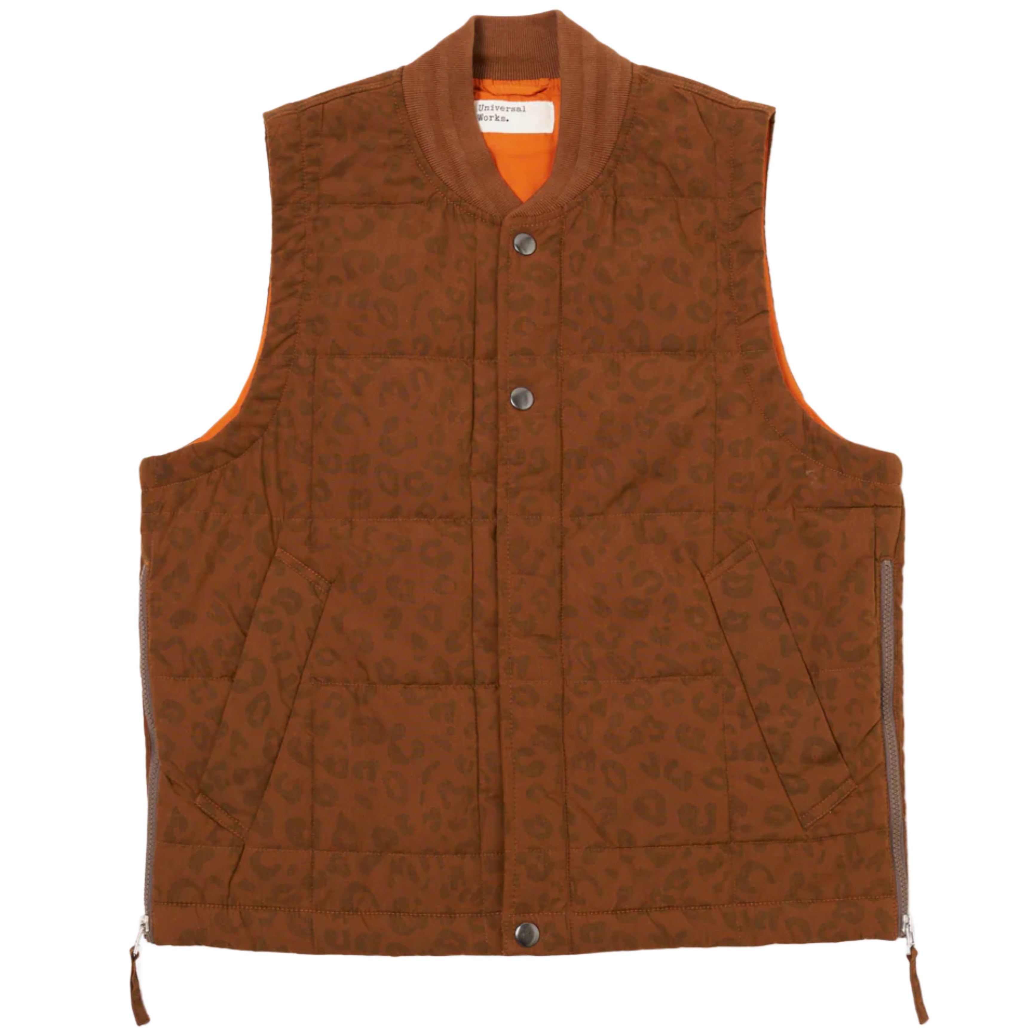 UNIVERSAL WORKS Carlton Gilet in Orange Leopard Recycled Polytech