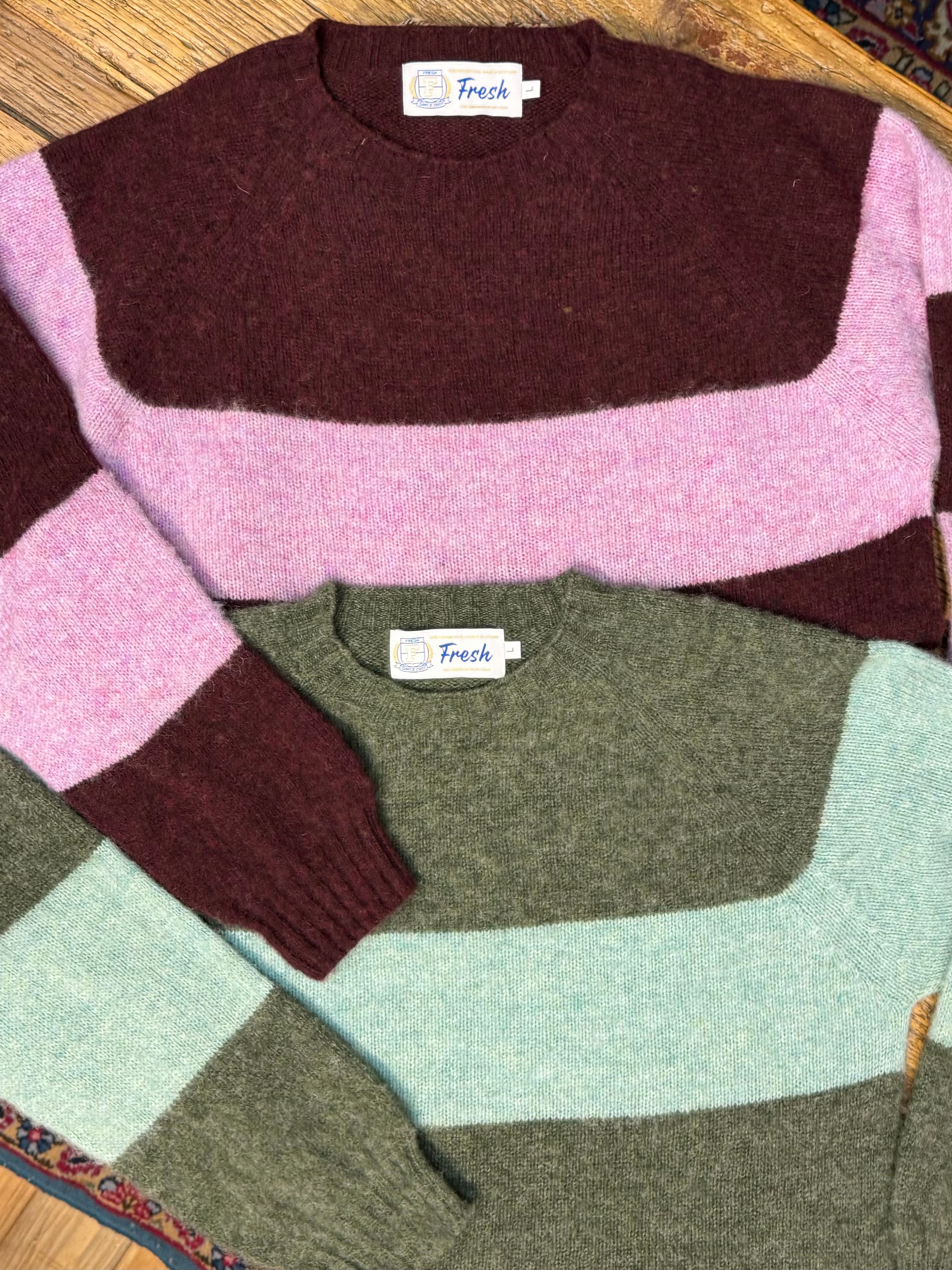 FRESH Sean Scottish Shaggy Wool Jumper In Colour Block Wizard Heather Rose