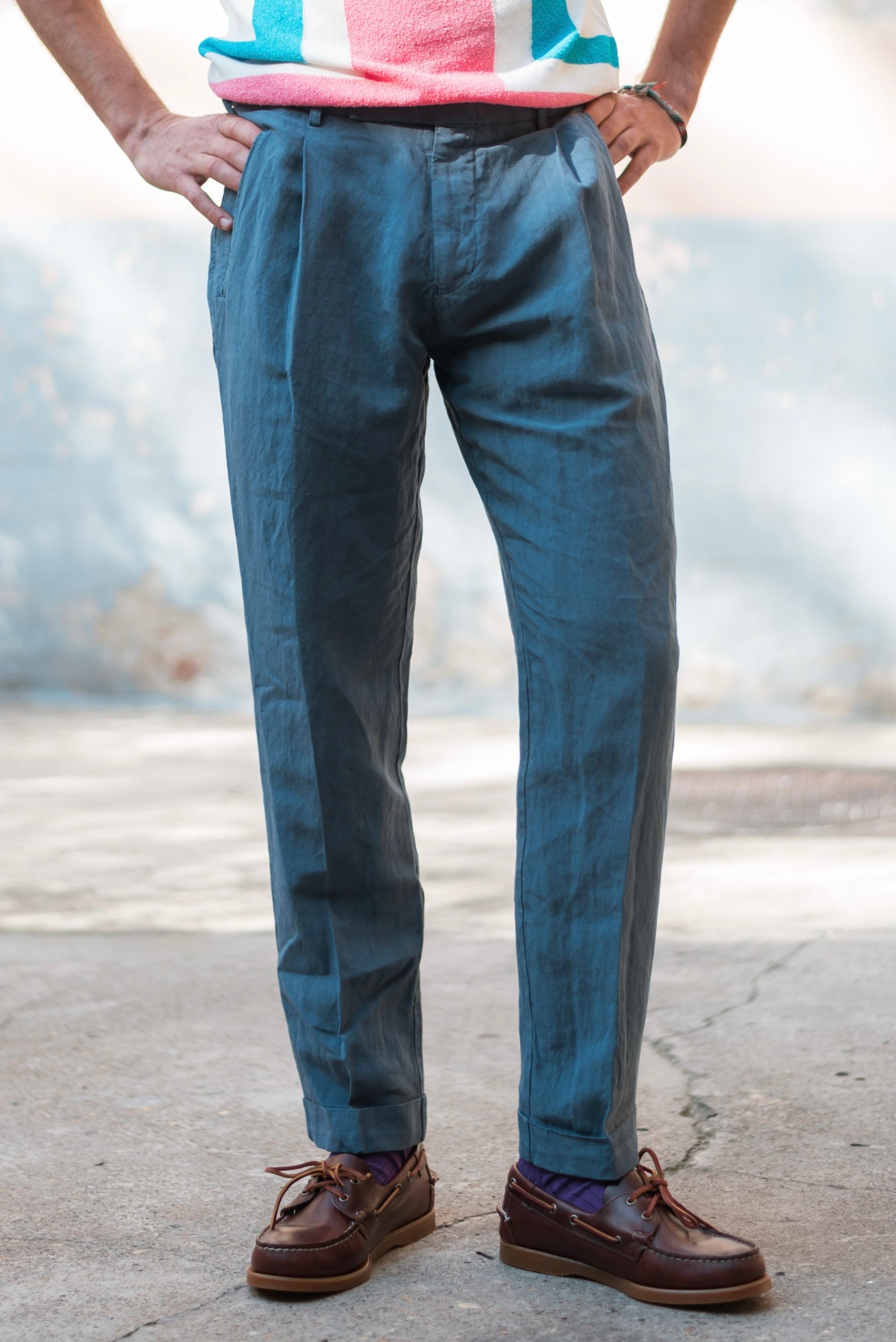 Pantaloni chino a una piega in lino FRESH Lyocell in blu